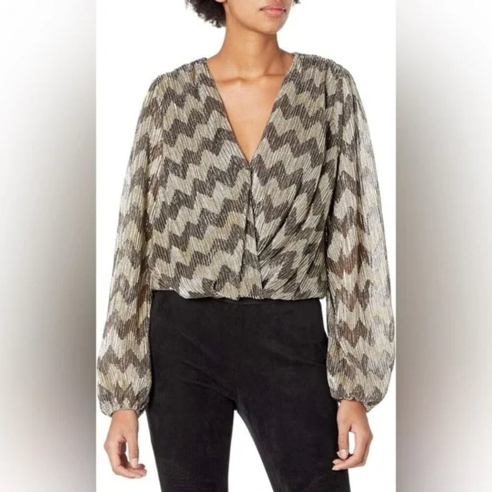 ASTR The Label Primmadonna Surplice Wrap Blouse Black and Gold Plated